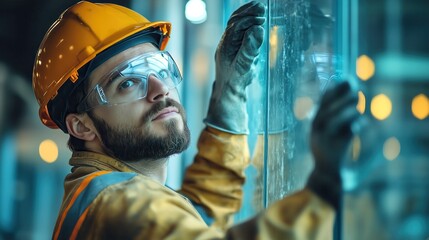 Professional glazier carefully installing large glass panel in modern building