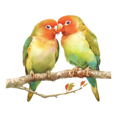 Loving pair of colorful parrots on a branch nature scene detailed illustration vibrant colors