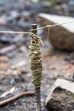 Yellow string line wrapped around steel stake