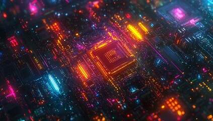 Obraz premium Neon Circuit Board with Central Processor