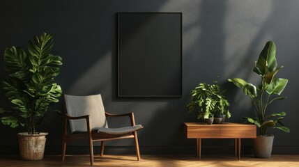 Interior mockup, framed poster, plants, modern chair