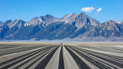 Fototapeta premium Vast Geometric Plain Leading to Snow Capped Mountains Under a Clear Blue Sky