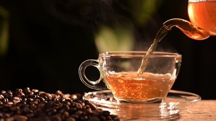 Brewing fresh tea with aromatic coffee beans cozy kitchen setting high-quality beverage warm and inviting atmosphere close-up view relaxation concept