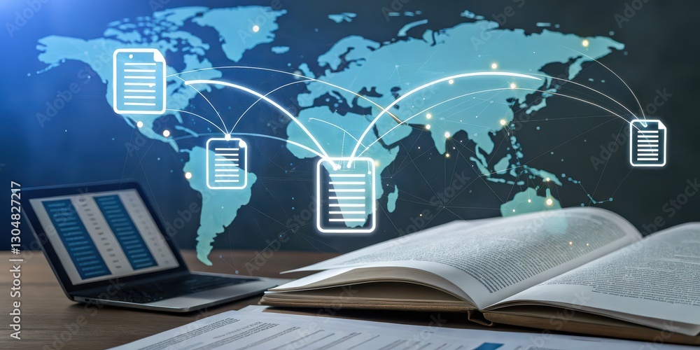 Poster a laptop and an open book are displayed in front of a world map, illustrating data connectivity and 