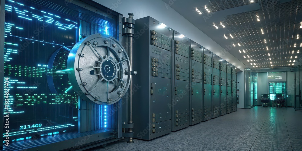 Poster a high-tech data center featuring a large vault door and rows of servers, illuminated by blue lights