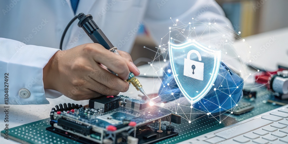 Poster a technician repairs a circuit board while digital security graphics indicate a focus on cybersecuri