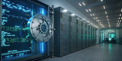 Fototapeta premium A high-tech data center featuring a large vault door and rows of servers, illuminated by blue lights, suggesting robust security and advanced technology.