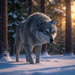 Fototapeta premium Gray Wolf Walking Through Snowy Forest at Sunset, Winter Wildlife Scene