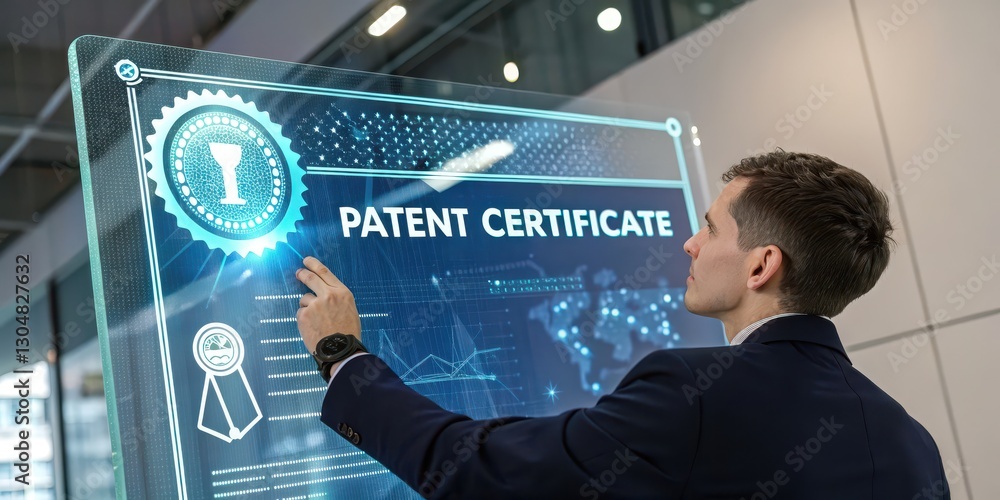 Poster a professional examining a digital patent certificate displayed on a futuristic touchscreen interfac