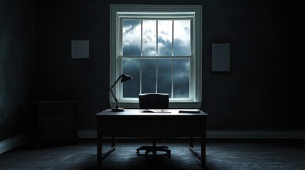 Empty office room at night with stormy window