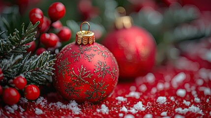 Festive Red Christmas Ornaments With Berries And Evergreen Branches Nearby
