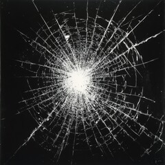 Obraz premium Shattered Glass: Radial Cracks and Splintered Impact on a Black Surface, a Visual Study of Fracture and Damage.
