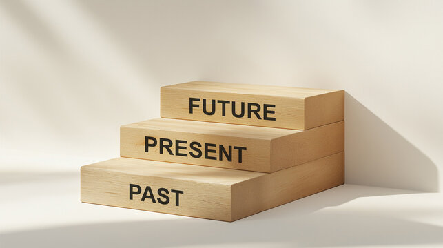 Future, present, past - words on wooden blocks. Three wood blocks stacking as step stairs. 