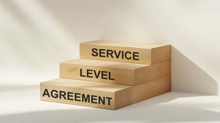 Service level agreement - words on wooden blocks. Three wood blocks stacking as step stairs. 