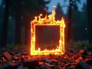 outline of geometric figure in fire. close-up on black background, letters and signs in flames.