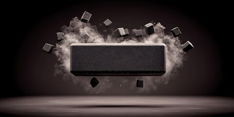 A dynamic composition of a floating black block surrounded by particles and smoke