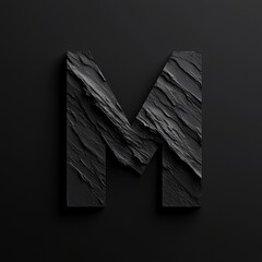 Textured Letter M: Dark Stone Relief on a Minimalist Black Background Design Art.