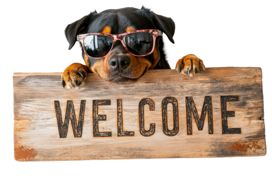 Chien rottweiler portant des lunettes de soleil sur panneau de bienvenue