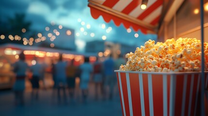 Nostalgic popcorn stand brings classic cinema experience to life with vibrant colors and lights during evening hours in a bustling outdoor setting