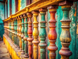 Fototapeta premium Vintage Wooden Railing with Balusters - Retro Style Exterior Deck Fence