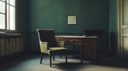 Empty antique room office scene, sunlit antique chair & desk, abandoned interior