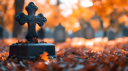 Peaceful Catholic cemetery adorned with vibrant autumn leaves showcasing a decorative grave marker under a canopy of trees