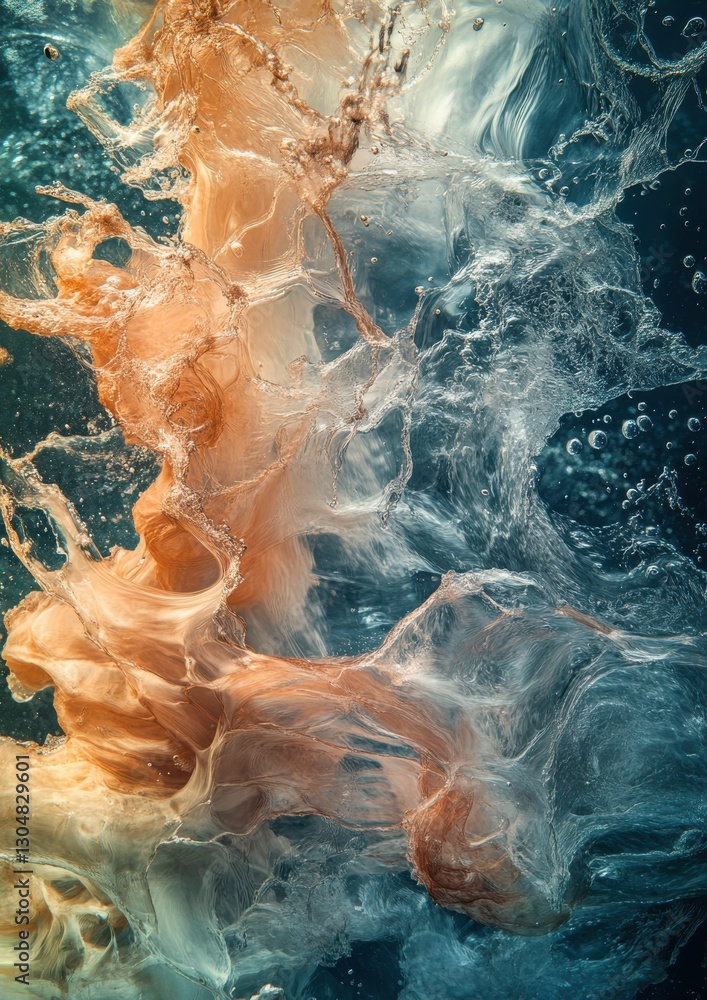 Poster abstract representation of colorful fluid movement in water with bubbles, creating a mesmerizing und