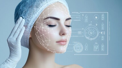 Modern skincare consultation with a patient, digital interface highlighting skin concerns and treatments.