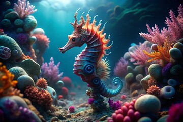 Vivid Seahorse in Lush Coral Reef, Low Light Underwater Photography