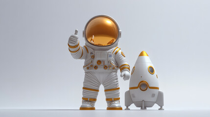 Fototapeta premium 3D White Spacesuit Astronaut With Rocket
