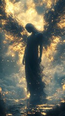 Obraz premium A fallen angel with wings torn in half, looking into a surreal world where the ground is a reflection of the sky