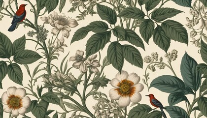Detailed image of foliage flowers and birds arranged aesthetically