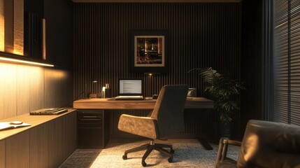 Modern dark office workspace with warm lighting