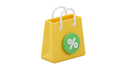  3D illustration of a yellow shopping bag with a discount percentage symbol, representing sales and e-commerce promotions.