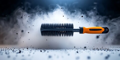 A dynamic shot of a cleaning brush amidst a cloud of dust, showcasing its effectiveness in action