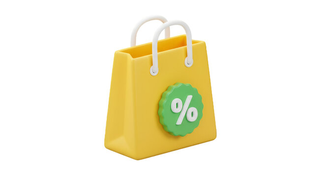  3D illustration of a yellow shopping bag with a discount percentage symbol, representing sales and e-commerce promotions.