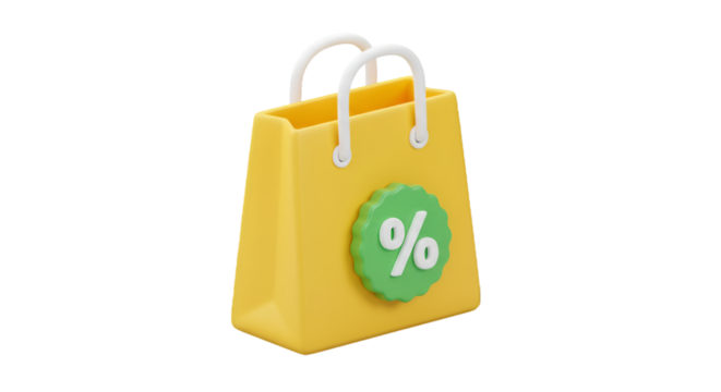 3D illustration of a yellow shopping bag with a discount percentage symbol, representing sales and e-commerce promotions. - Powered by Adobe