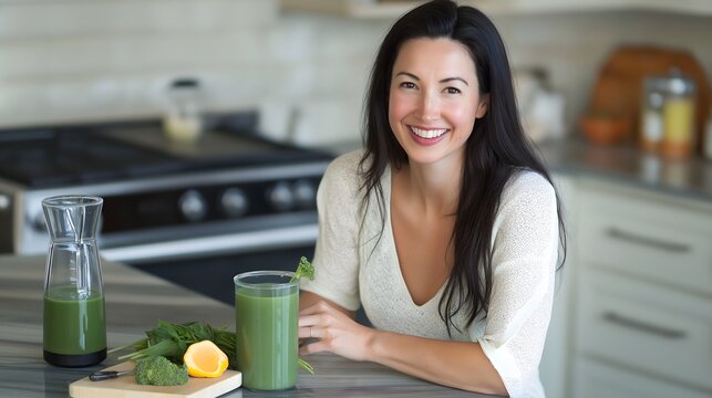 A woman stands at her kitchen island, savoring a vibrant green smoothie made with fresh, nutritious ingredients on a bright morning