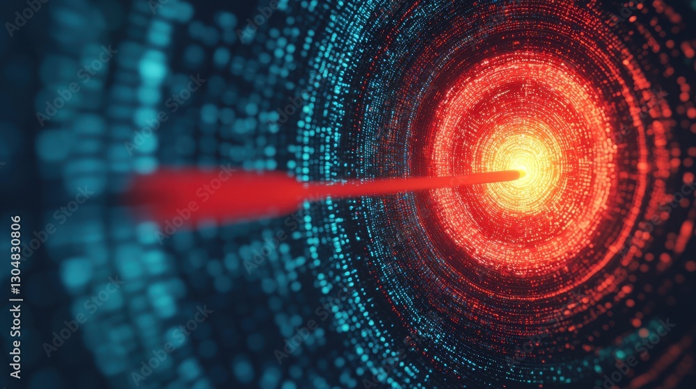 Poster abstract digital tunnel with glowing elements in blue and red colors representing technology and vir