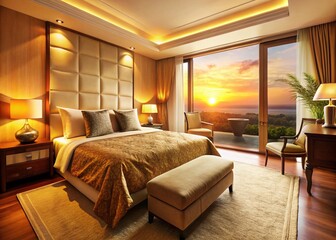 Fototapeta premium Warm Sunset Glow Illuminates Cozy Hotel Bedroom Interior
