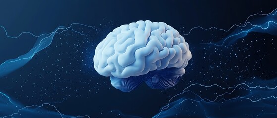 White 3D brain on dark blue background, lightning bolts around it, illustrating stress awareness for health care and mental health campaign promotions