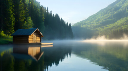 Fototapeta premium A cozy lake house rests on the water's edge, illuminated by the morning light, creating a dreamy and peaceful atmosphere. A perfect image for eco-living and outdoor retreats. Selective focus