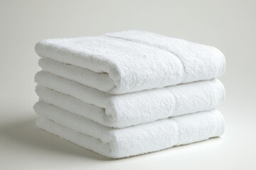 Stack of Folded White Terry Towels in a Clean and Minimalist Bathroom Setting for Spa or Hotel Ambience