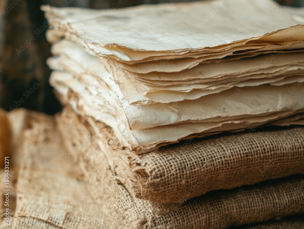 Aufkleber stack of aged paper sheets on burlap fabric in rustic style close up vintage texture and neutral ton