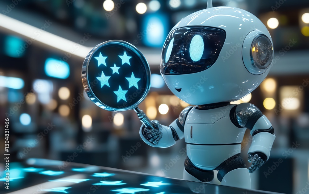 Poster ai robot examining customer reviews with magnifying glass, automated analysis of client feedback, ma
