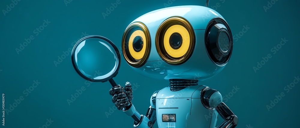 Poster ai robot with magnifying glass examining client reviews, automated review processing, optimized mark