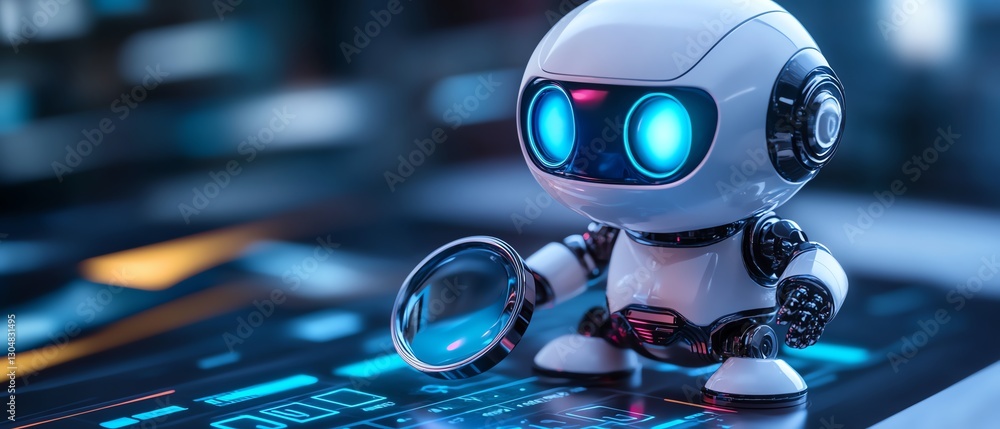 Poster ai robot with magnifying glass examining client reviews, automated review processing, optimized mark