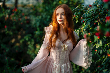 Beautiful red head girl in pink  vintage dress  standing near green plants and fern. Art work of...
