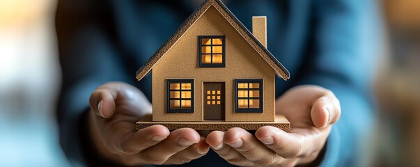 Businessperson holding a model house, emphasizing protection and safety for property, residential property insurance offer, great for insurance service advertisements