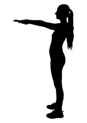 Silhouette of sporty woman doing fitness exercises with arms outstretched. Vector illustration